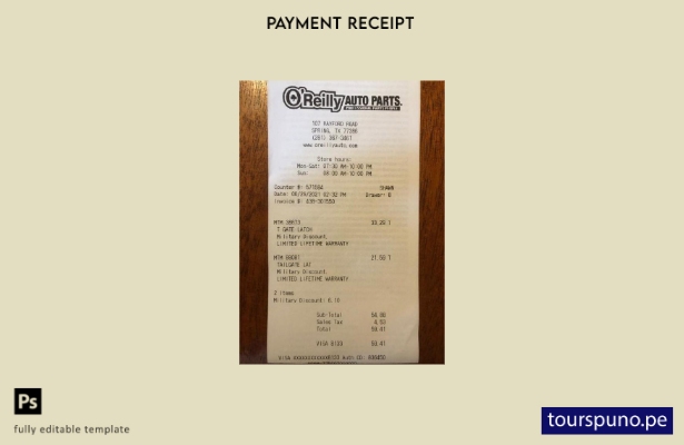 Plantilla de recibo de pago de autopartes O'Reilly de EE. UU. lista para imprimi